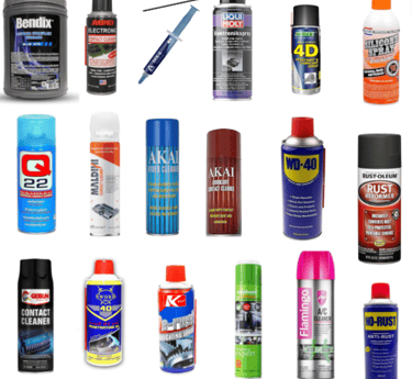a variety of different types of spray paint and other items