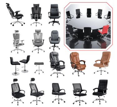 a group of office chairs and chairs with a table and chairs