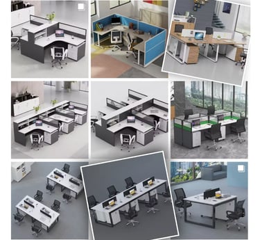 a series of office desks with a variety of office desks