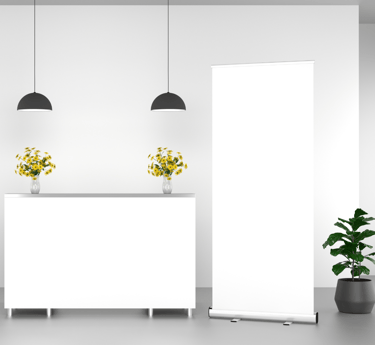 a white reception table with a plant in front of it