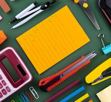 a desk with a lot of office supplies and a calculator
