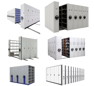 a bunch of mobile shelving & archiving room mechanism & mobile archive lockers