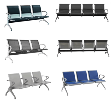 a group of four chairs with chairs and a bench