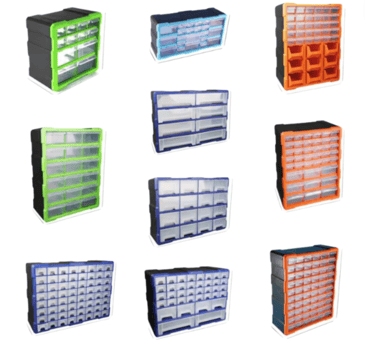 a variety of plastic storage boxes with many different colors