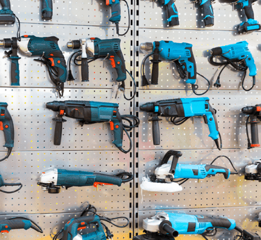 a bunch of tools on display in a store