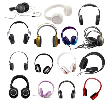 a variety of headphones and headphones on a white background
