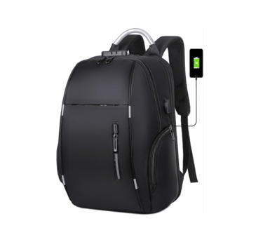 a black backpacker with a charging cable and a charger