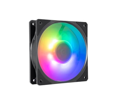 a computer cooling fan with a rainbow colored light on it