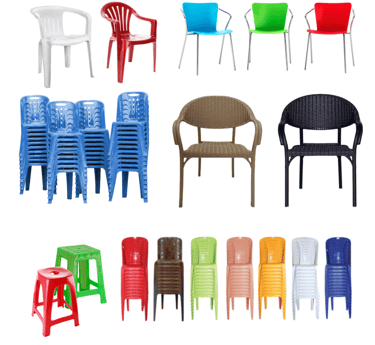 a variety of plastic chairs and stools