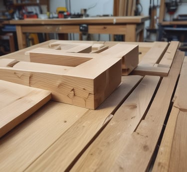 A woodworking shop with stacks of cut wooden boards organized on a surface. In the foreground, a uniquely shaped carved wooden piece stands upright. Behind, multiple planks of varying sizes are stored horizontally on racks.