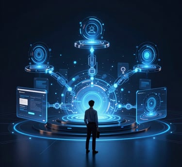 Futuristic and elegant visual showing the Flowbit logo at the center surrounded by five connected elements representing innovation, commitment, transparency, quality, and personalized attention in blue, black, and white tones.