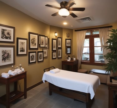 A peaceful massage therapy room with calming colors and ambiance.