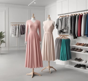 A stylish boutique interior showcasing elegant clothing racks and modern decor.