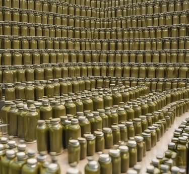 Close-up of golden olive oil pouring from a rustic bottle into a ceramic dish, surrounded by fresh olives and leaves.