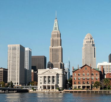 A modern multi-story office building with a distinctive wavy architectural design. The facade is made predominantly of glass and metal, with an array of vertical and horizontal lines creating a grid-like pattern. There are signs for 'National Insurance' and 'Parking 24x7' visible in multiple languages. The structure appears robust and industrial.