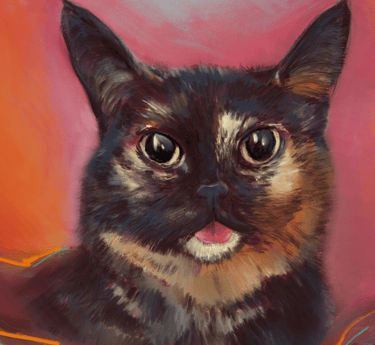 A pet portrait of a Kitten, a cat, with their tongue out and a bright pink and orange background