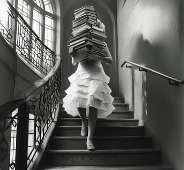 a woman carrying a large volume of bookkeeping ledgers