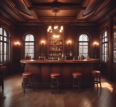 Elegant dark wood home bar with red leather stools and a classic brass chandelier.