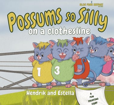 Children's book cover for Possums so Silly featuring colorful cartoon possums on a clothesline.