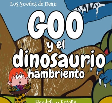 Goo y el dinosaurio hambriento portada del libro con niño y dinosaurio