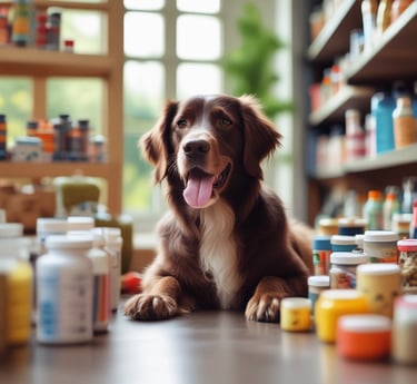 An assortment of pet toys and accessories arranged on a white background. Items include a rope chew toy, a blue feeding bowl filled with kibble, an orange football-shaped toy, a green spiky toy, a small rubber ball, a pair of grooming tools, and a colorful rubber knot ball.