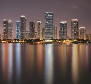 A sleek, dark-toned image of a city skyline at night with subtle glass reflections and silver accents.