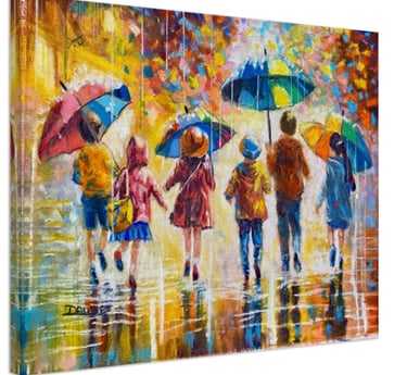 Children in the Rain pastel painting