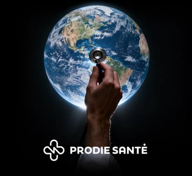 Prodie Santé illustration showing a doctor listening to planet Earth with a stethoscope