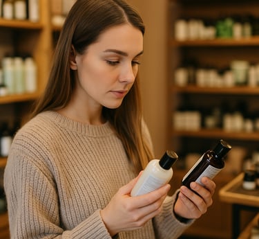 Femme choisissant des cosmétiques en  boutique , et vérifiant les labels vegan et cruetly free