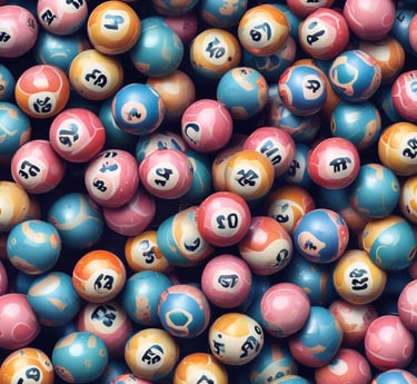 Three lottery tickets are displayed, including Eurojackpot and Super 6. Various numbers are marked on the tickets, with some crossed out and others checked. The Eurojackpot ticket is partially visible with the logo prominently displayed, and a ticket number is visible on one of the tickets.