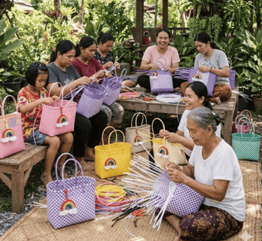 Pengrajin lokal Craftvitas Indonesia sedang menganyam tas anyaman jali-jali handmade dari plastik daur ulang