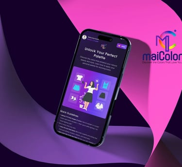 Maicolors logo and a phone screen showing a woman in a dress. this is from maicolors app screenshot.
