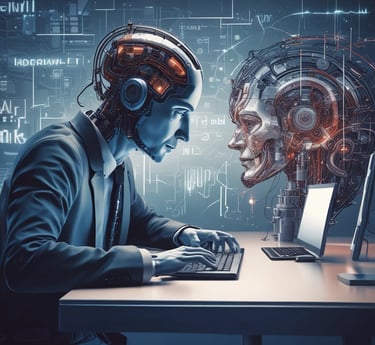 A grey processor chip with the letters 'AI' prominently displayed in blue, set against a subtle background with faint outlines of a map.