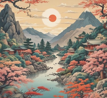 A serene landscape depicting a samurai practicing martial arts.