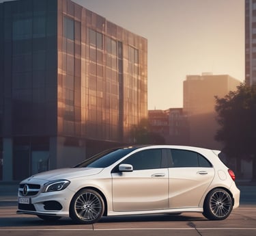 A sleek black car being carefully inspected in a bright German garage with bronze accents.