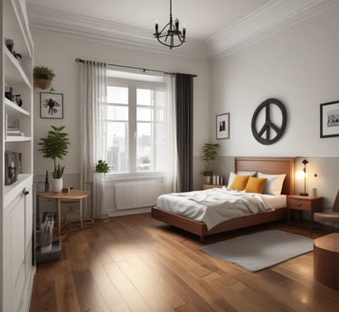 A hostel room with bunk beds and simple furniture. The room features two sets of bunk beds with white frames and dark bedding. There is a wardrobe made of wood and a flat-screen television mounted on the wall. A small table holds cups and a water bottle, and the walls are decorated with tiles and curtains, creating a warm, welcoming space.