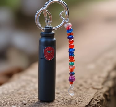 A collection of colorful keychains and accessories displayed on a wooden surface.