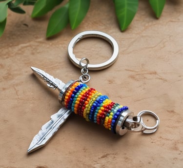A colorful display of various creative keychains hanging on a wooden rack.