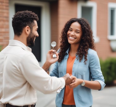 A smiling homeowner joyfully handing over keys to a property manager.