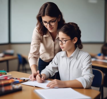 A young child and an adult are sitting at a wooden desk in a classroom, focusing on some written materials. The adult is holding a notebook and appears to be helping the child, who is intently looking at papers on the desk. Nearby are pencils and other school supplies.