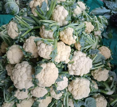 A pile of fresh organic cauliflower heads with green leaves at a local farmers market.