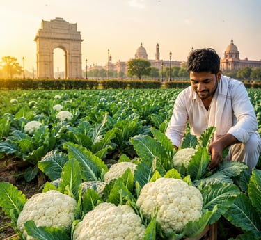 An Indian farmer harvesting fresh white cauliflower in a field near the India Gate in New Delhi.