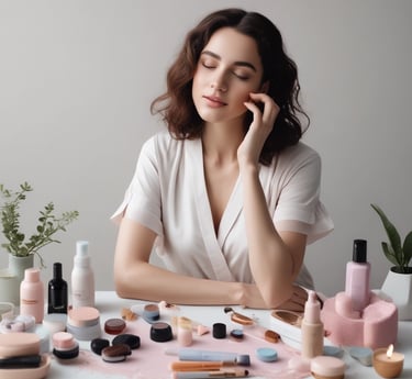 Various beauty and skincare products are neatly arranged on a white dressing table with a round mirror. The assortment includes perfumes, creams, and boxes, some with recognizable labels. Next to the mirror, a book sits with a decorative item resembling cotton branches in the background.