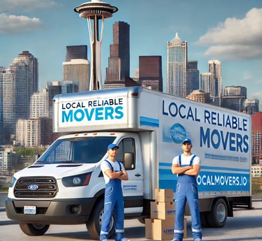 two men standing next to a truck with a box of moving boxes