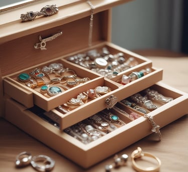 a display case with a variety of rings in it
