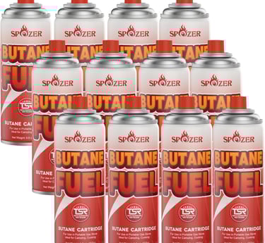 a group of six spray cans of different sizes and colors