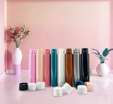 Colorful shot tubes arranged together, used for cosmetic and pharmaceutical packaging.