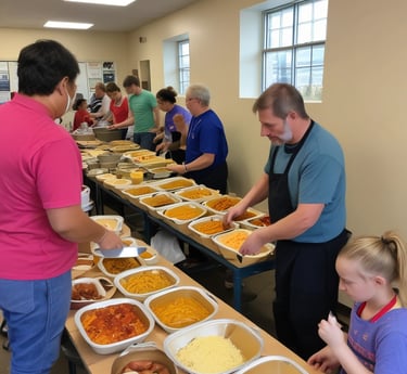 A diverse group of volunteers working together to serve meals at a community kitchen.