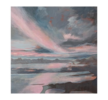 painting of pink clouds over grey riverscape