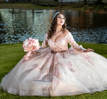 Quinceanera Dress, Beige, on grass